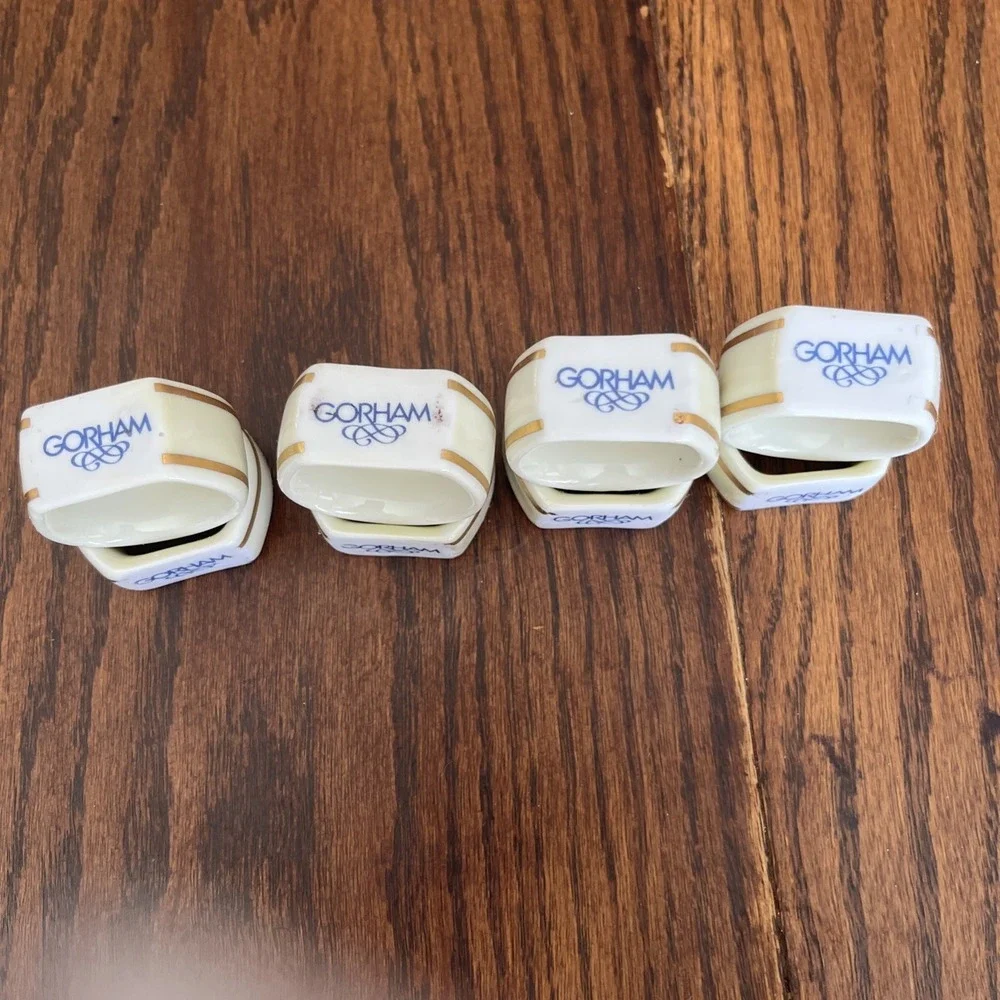 Set Of 8 Gorham Vintage Ivory Porcelain Napkin Rings with Gold Trim EUC